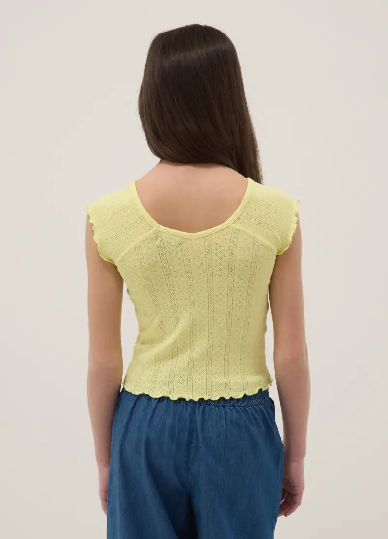 T-shirt Fitted In Misto Cotone Gialla Da Ragazza Con Scollo A V, Bambina, Giallo miniatura 2