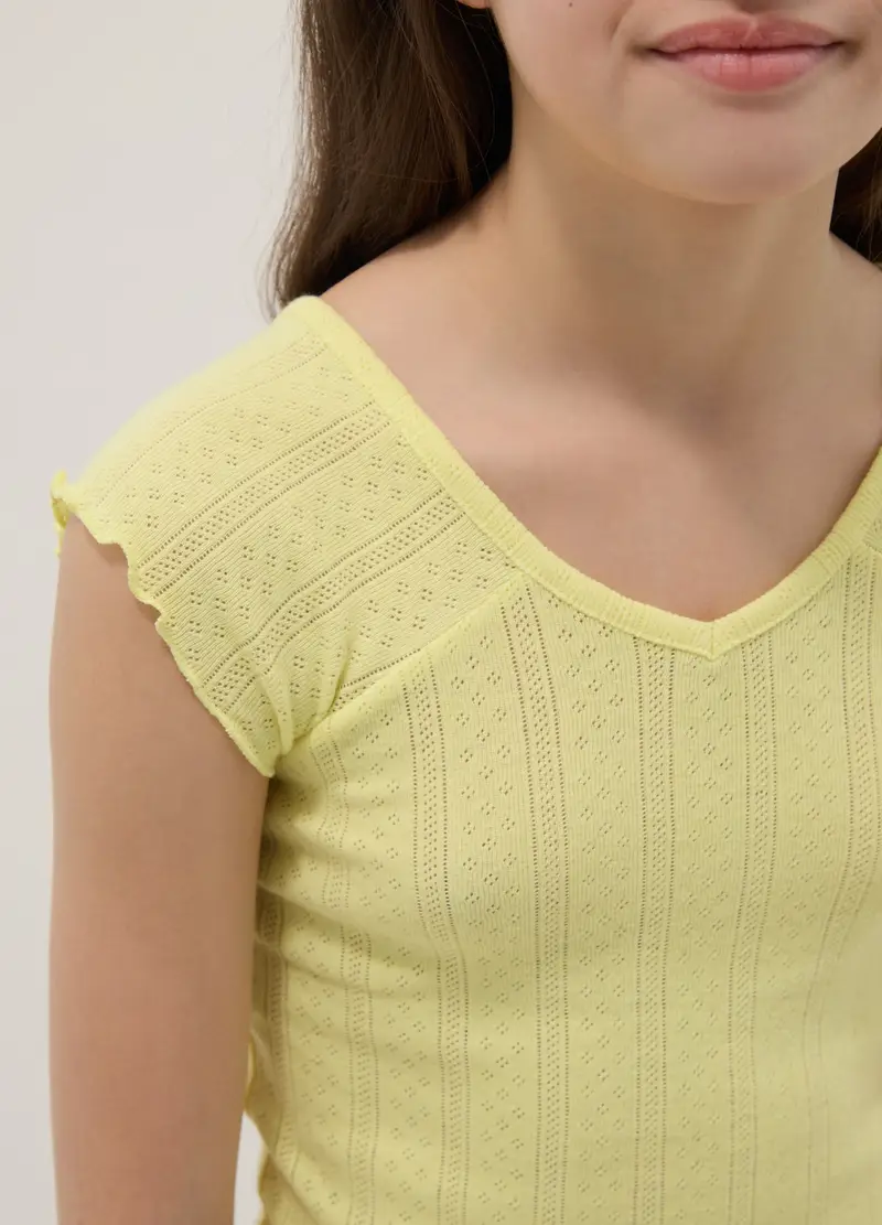 T-shirt Fitted In Misto Cotone Gialla Da Ragazza Con Scollo A V, Bambina, Giallo miniatura 3