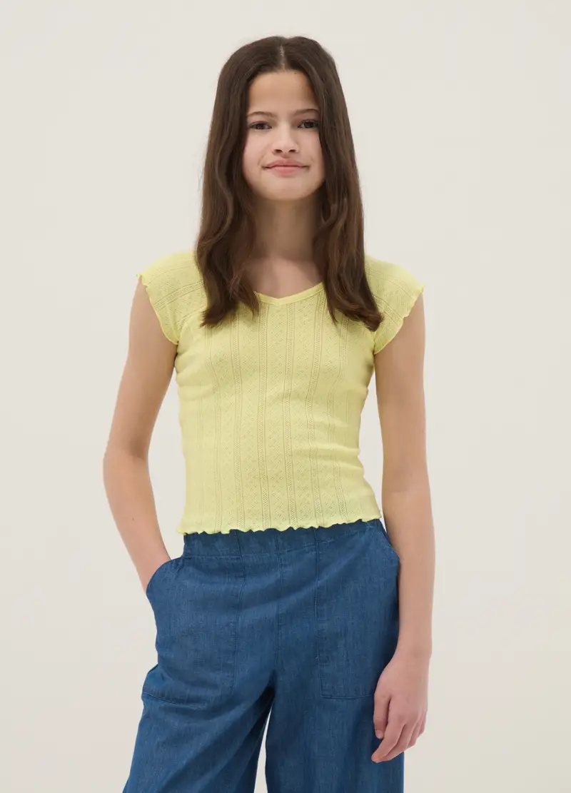 T-shirt Fitted In Misto Cotone Gialla Da Ragazza Con Scollo A V, Bambina, Giallo