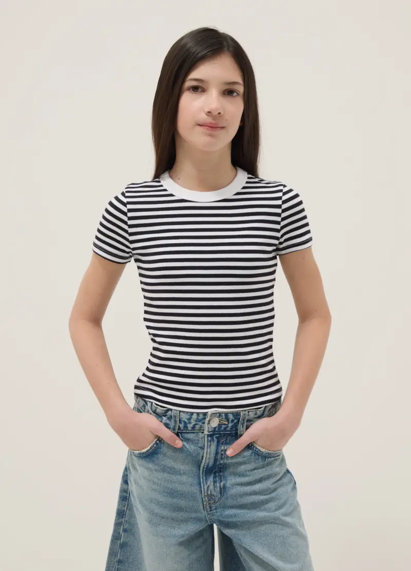 T-shirt In Cotone Elasticizzato A Righe Multicolor Da Ragazza Slim Fit, Bambina, Multicolor