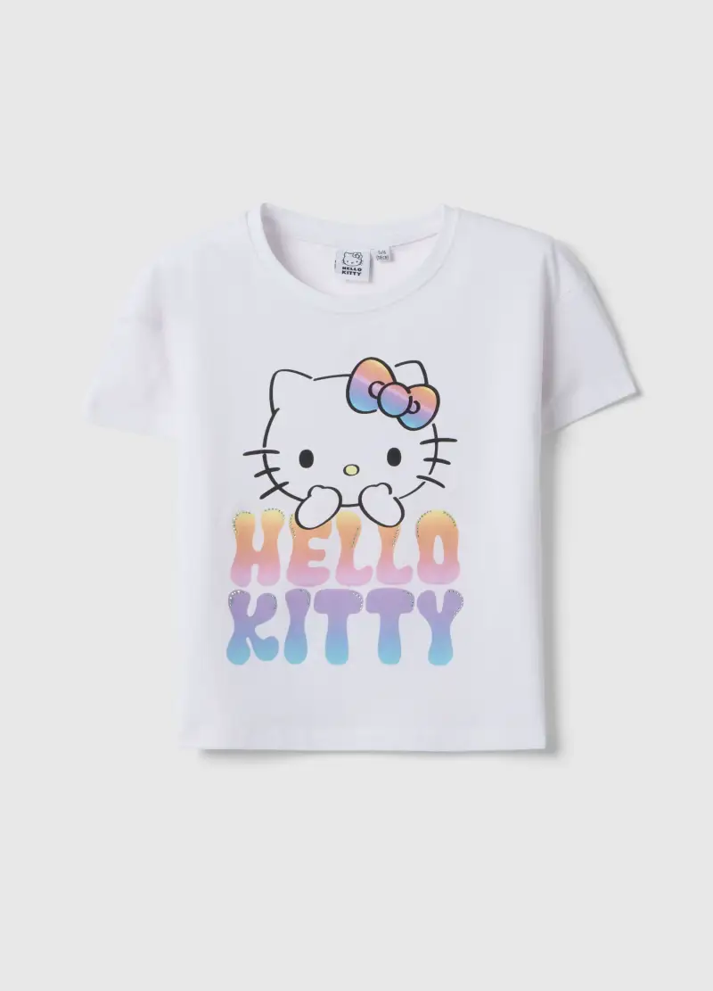 T-shirt In Cotone Elasticizzato Bianca Da Bambina Con Hello Kitty, Bianco