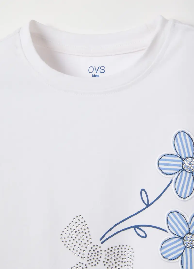 T-shirt In Cotone Elasticizzato Bianca Da Bambina Regular Fit Con Strass, Bianco miniatura 3