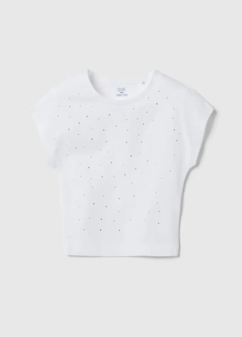 T-shirt In Cotone Elasticizzato Bianca Da Ragazza Slim Fit Con Strass, Bambina, Bianco