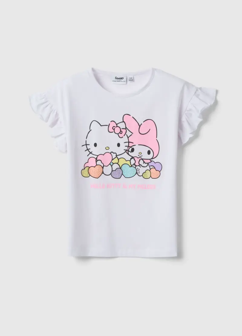 T-shirt In Cotone Elasticizzato Bianco Da Bambina Con Hello Kitty, Bianco
