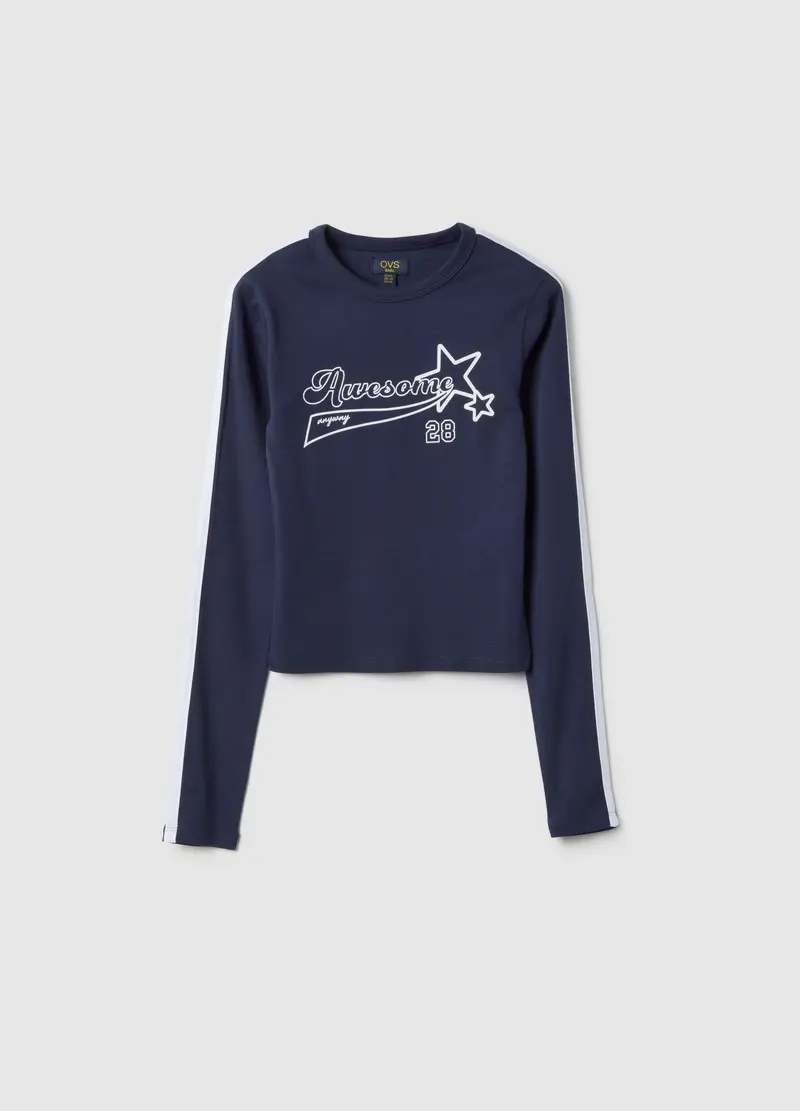 T-shirt In Cotone Elasticizzato Blu Da Ragazza Slim Fit Con Stelle, Bambina, Blu