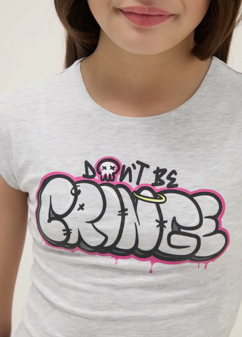 T-shirt In Cotone Elasticizzato Grigia Da Ragazza Slim Fit Con Stampa, Bambina, Grigio miniatura 3