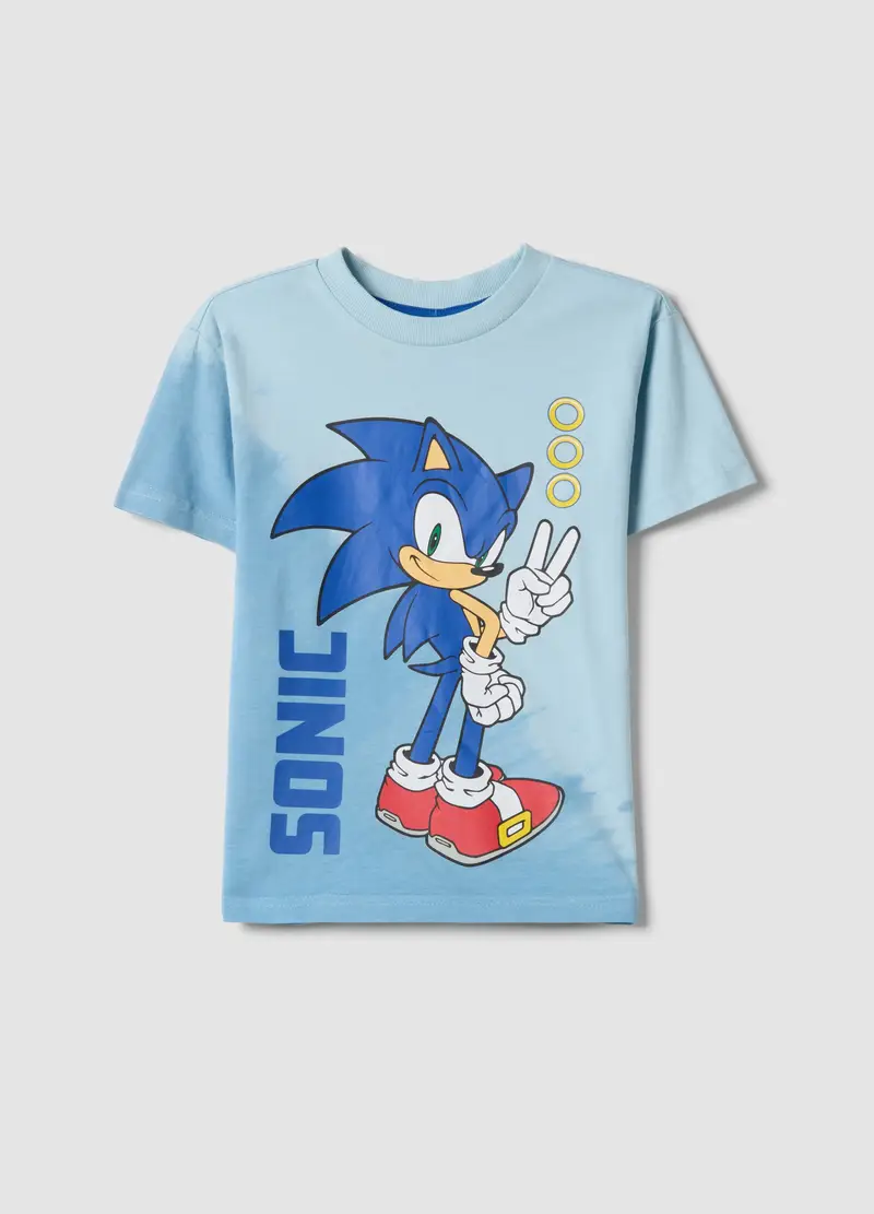 T-shirt In Puro Cotone Azzurra Da Bambino Regular Fit Con Sonic, Azzurro