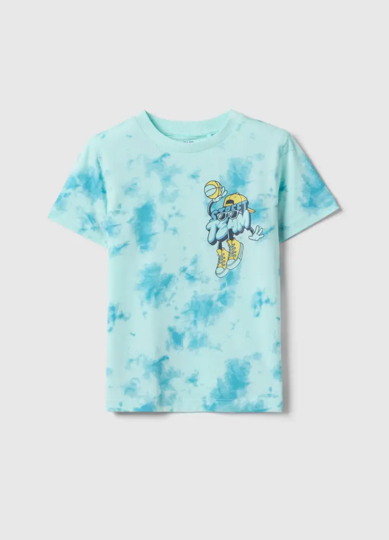 T-shirt In Puro Cotone Azzurro Tiedye Da Bambino Regular Fit, Azzurro