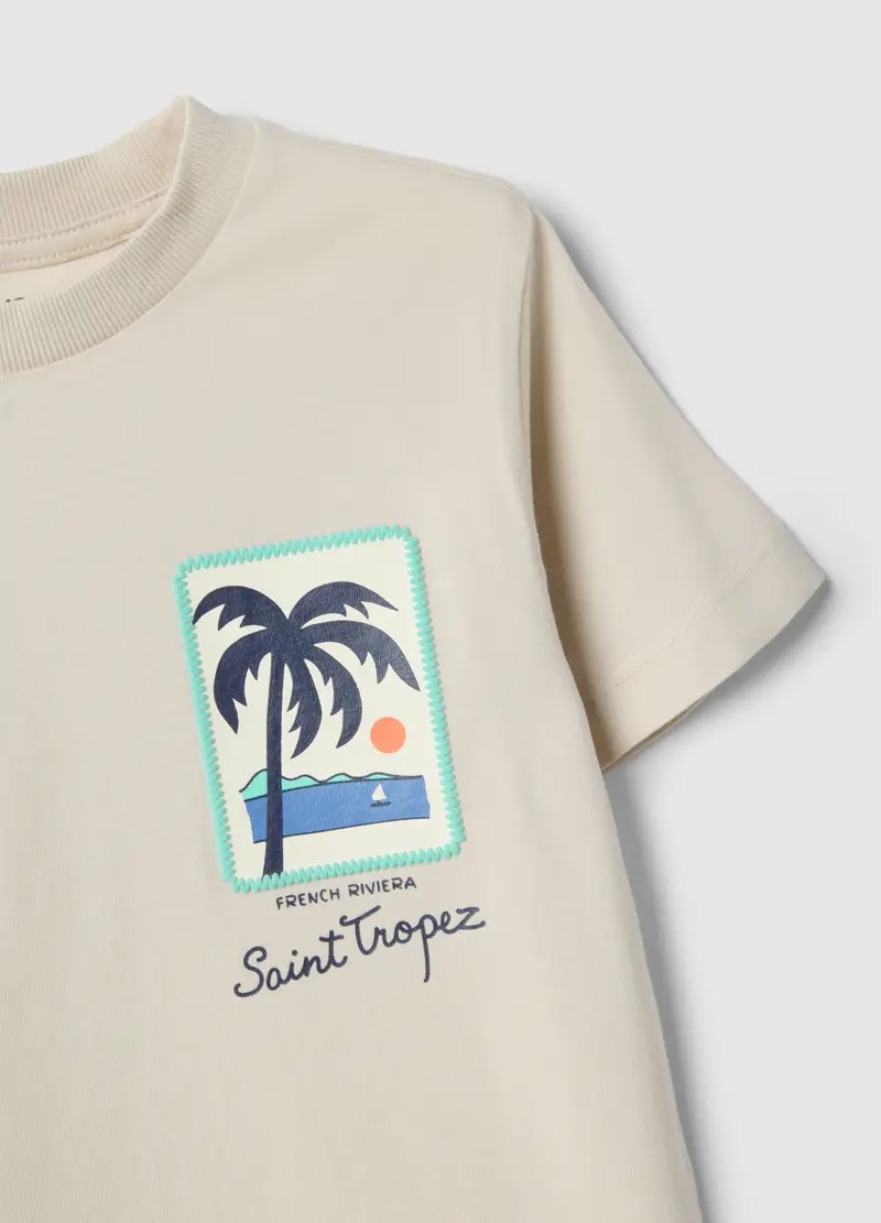 T-shirt In Puro Cotone Beige Da Bambino Regular Fit Con Stampa Palma, Beige miniatura 3