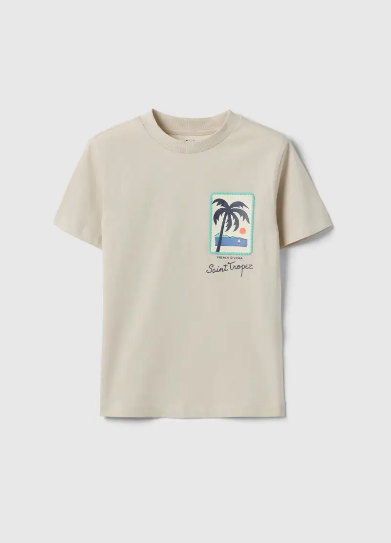T-shirt In Puro Cotone Beige Da Bambino Regular Fit Con Stampa Palma, Beige