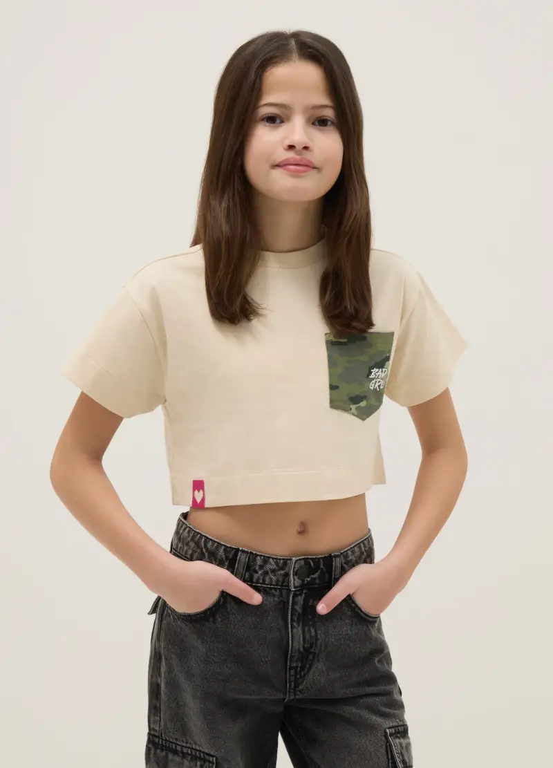 T-shirt In Puro Cotone Beige Da Ragazza Boxy Fit Con Tasca Camouflage, Bambina, Beige