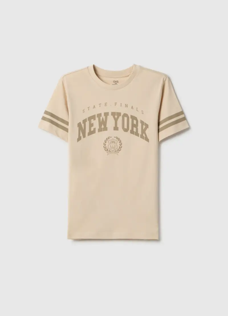T-shirt In Puro Cotone Beige Da Ragazzo Regular Fit Con Scritta New York, Bambino, Beige