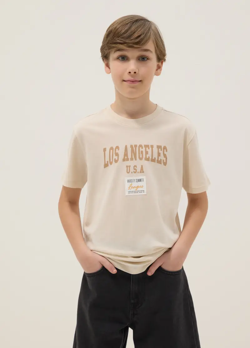 T-shirt In Puro Cotone Beige Da Ragazzo Regular Fit Con Stampa, Bambino, Beige
