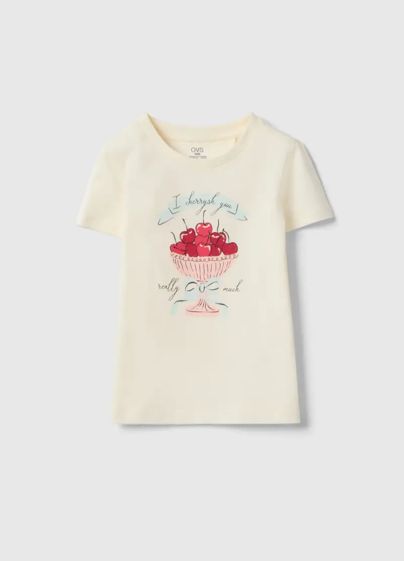 T-shirt In Puro Cotone Beige Regular Fit Con Stampa Per Bambina, Beige