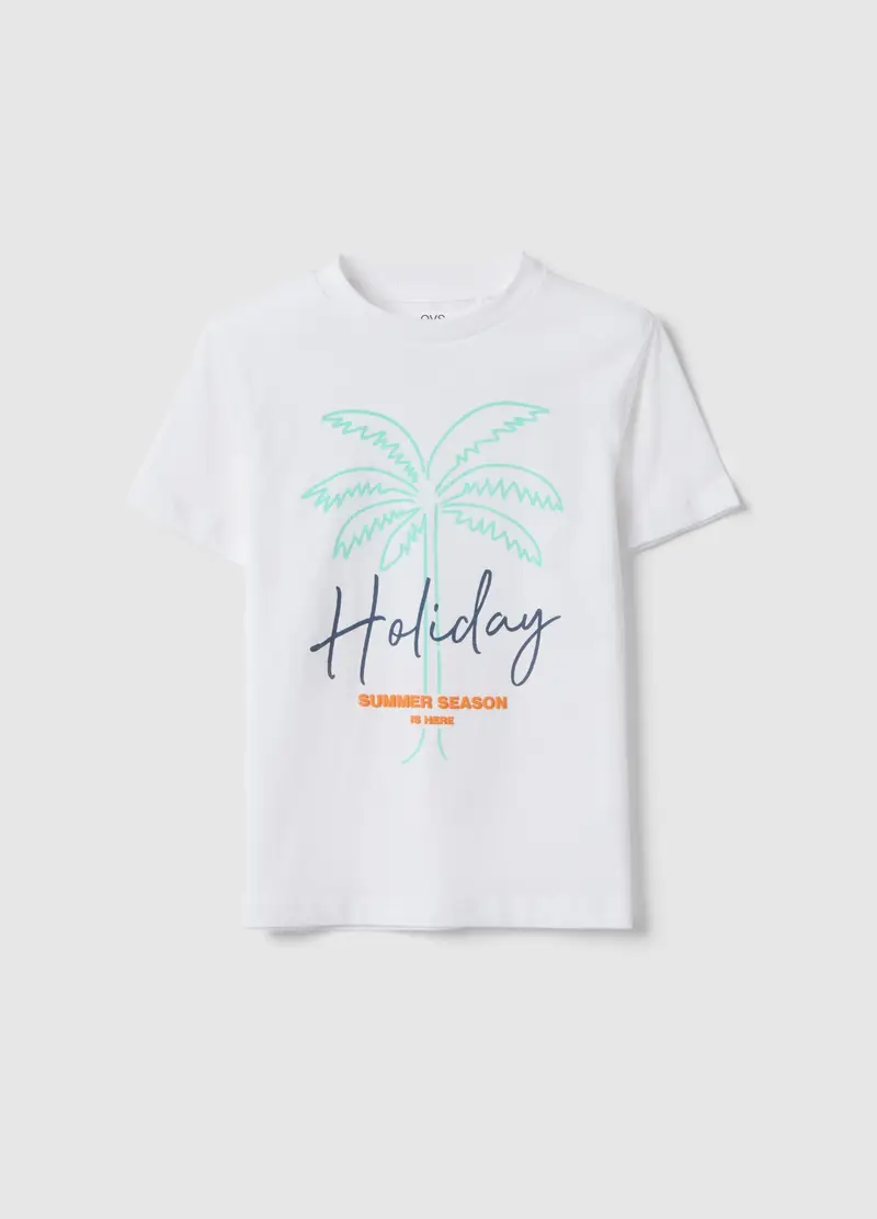 T-shirt In Puro Cotone Bianca Da Bambino Regular Fit Con Stampa Palma, Bianco