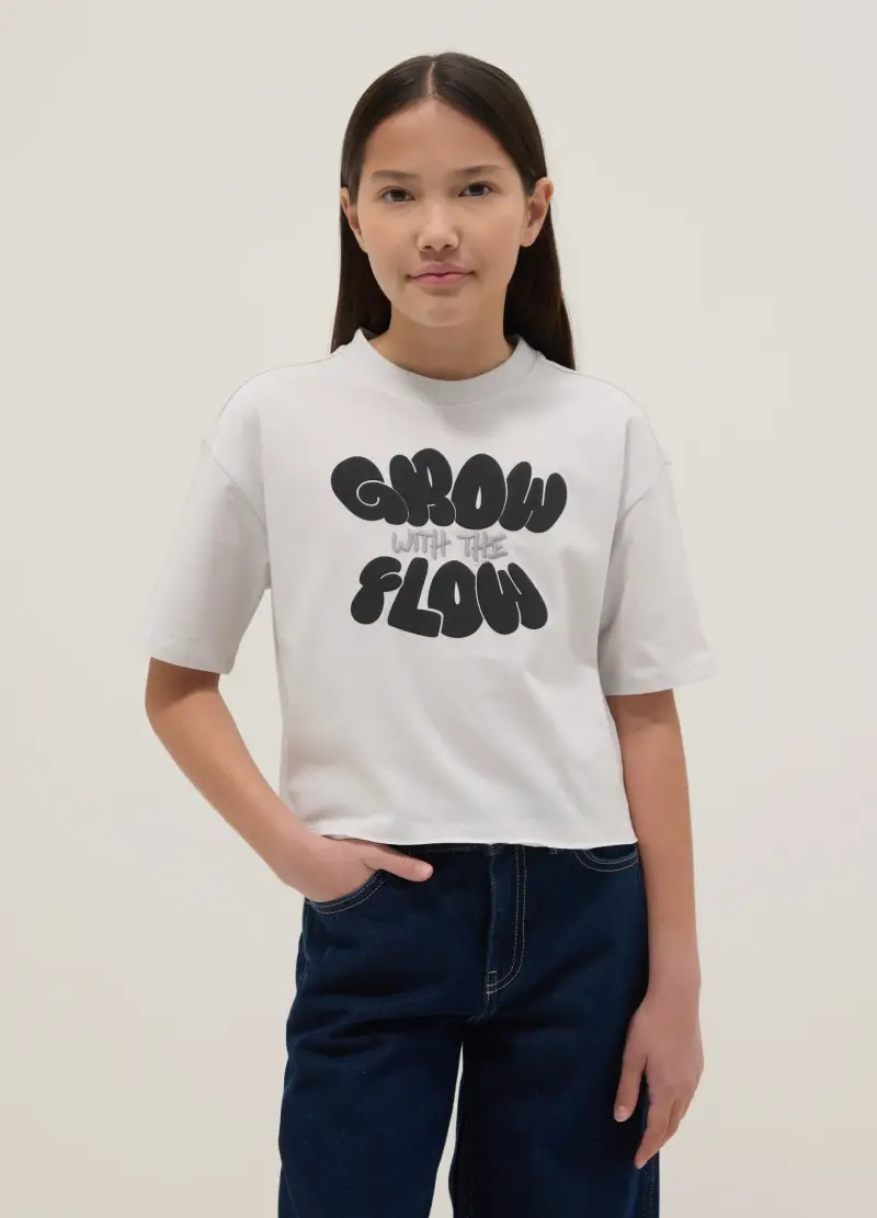 T-shirt In Puro Cotone Bianca Da Ragazza Boxy Fit Con Stampa, Bambina, Bianco