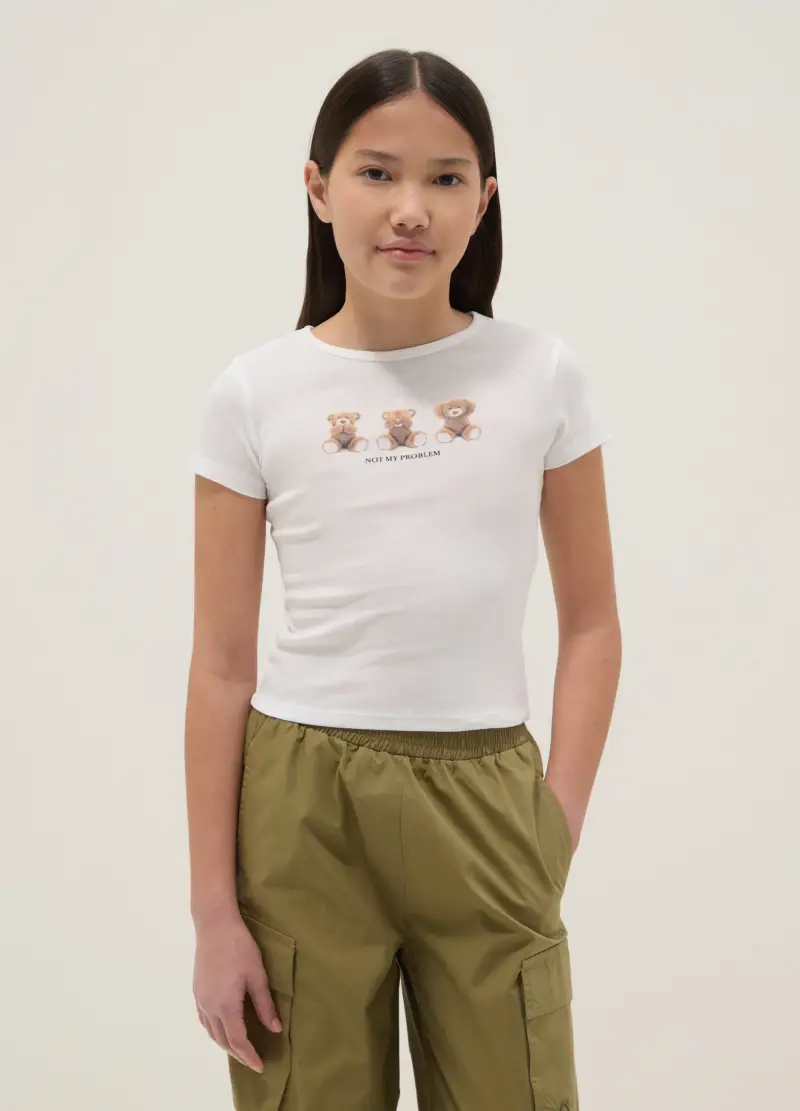 T-shirt In Puro Cotone Bianca Da Ragazza Slim Fit Con Orsetti, Bambina, Bianco