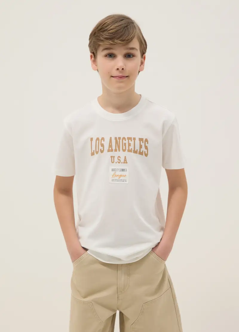 T-shirt In Puro Cotone Bianca Da Ragazzo Regular Fit Con Stampa, Bambino, Bianco