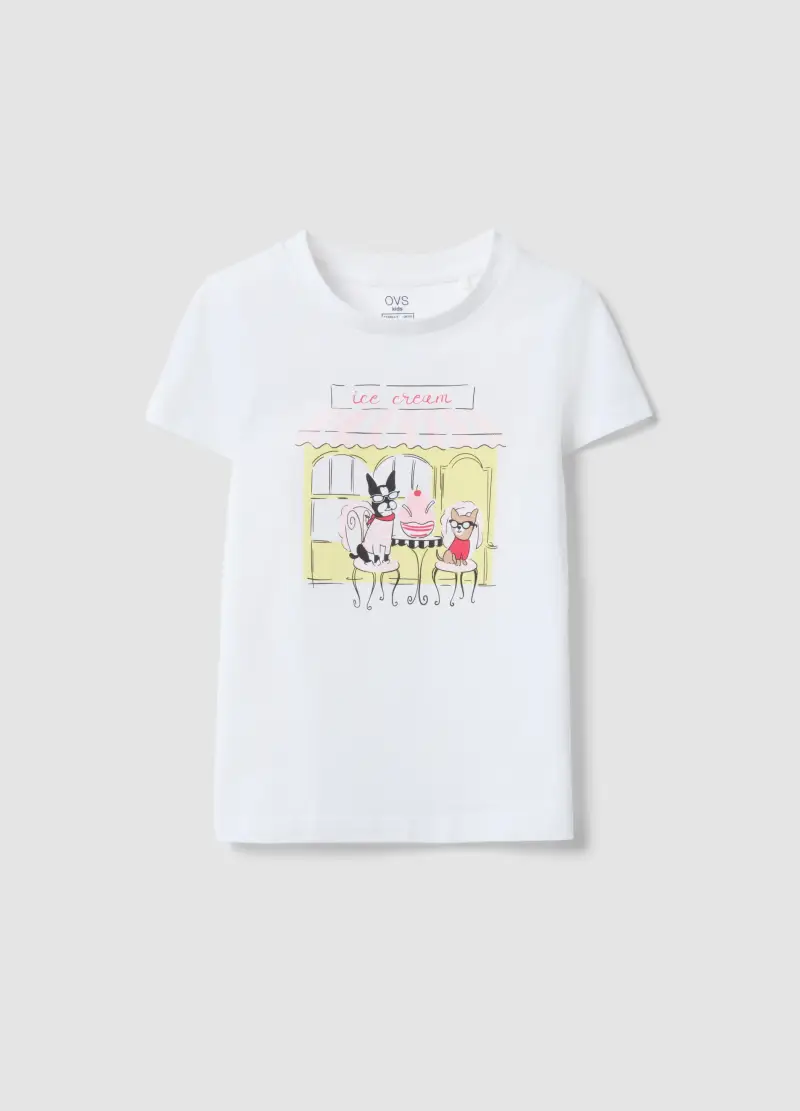 T-shirt In Puro Cotone Bianca Regular Fit Con Stampa Per Bambina, Bianco