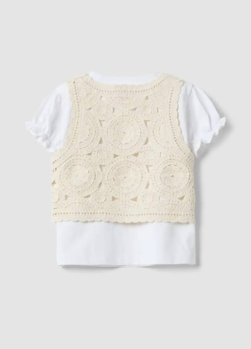T-shirt In Puro Cotone Bianco Da Bambina Regular Fit Con Gilet, Bianco miniatura 2