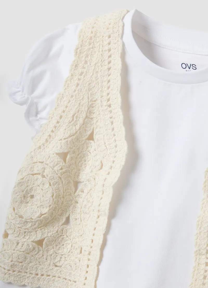 T-shirt In Puro Cotone Bianco Da Bambina Regular Fit Con Gilet, Bianco miniatura 3