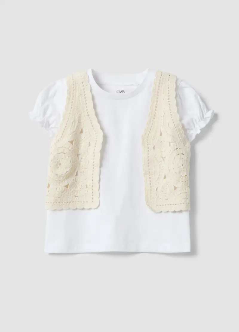 T-shirt In Puro Cotone Bianco Da Bambina Regular Fit Con Gilet, Bianco