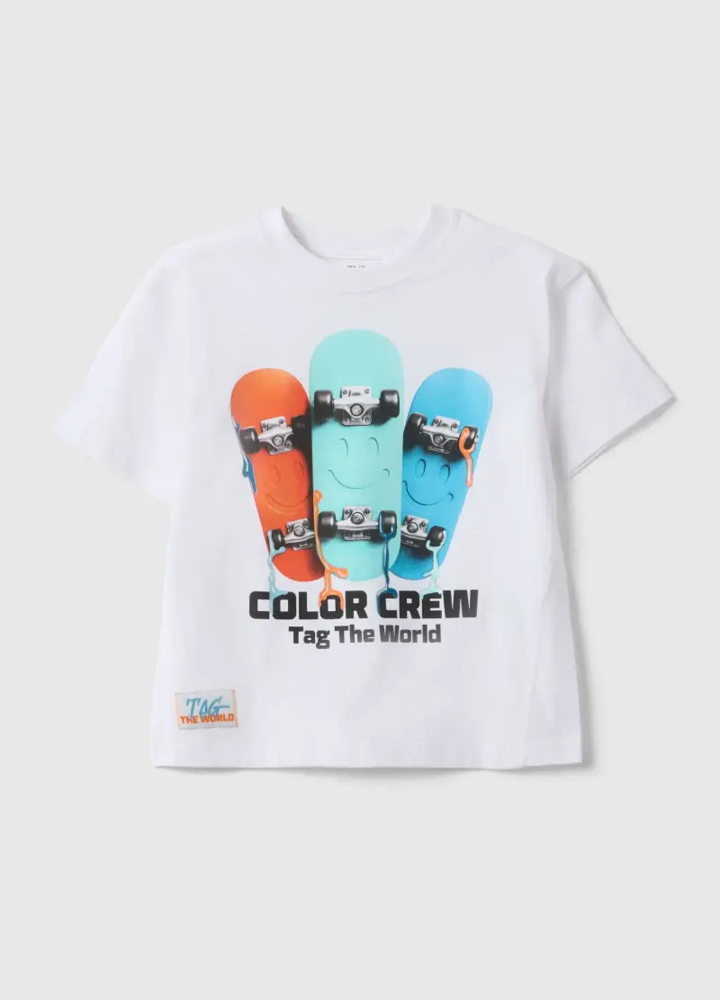 T-shirt In Puro Cotone Bianco Da Bambino Regular Fit Con Skateboard, Bianco