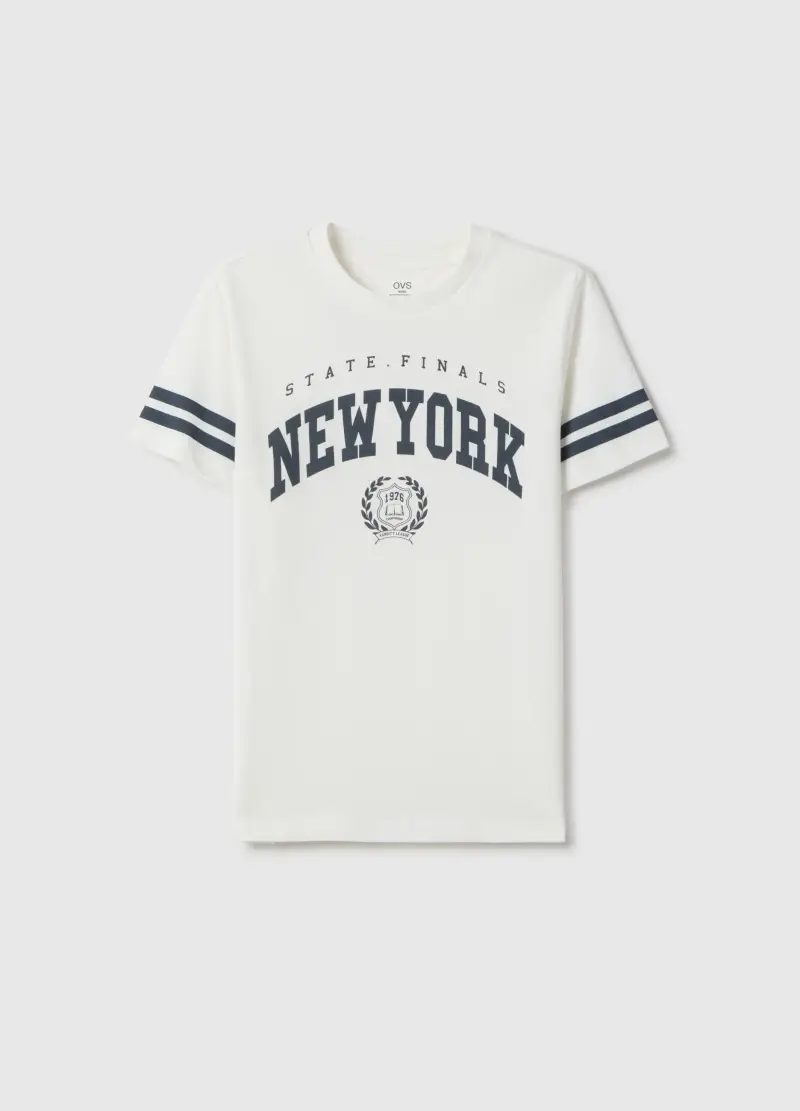 T-shirt In Puro Cotone Bianco Da Ragazzo Regular Fit Con Scritta New York, Bambino, Bianco