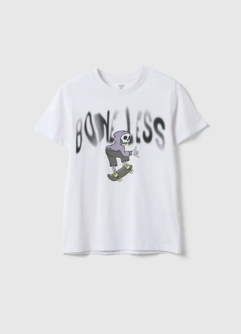 T-shirt In Puro Cotone Bianco Da Ragazzo Regular Fit Con Stampa, Bambino, Bianco