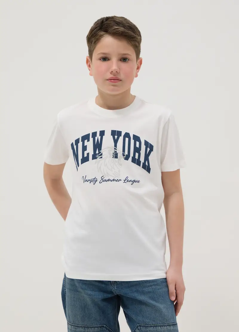 T-shirt In Puro Cotone Bianco Da Ragazzo Regular Fit Con Stampa, Bambino, Bianco