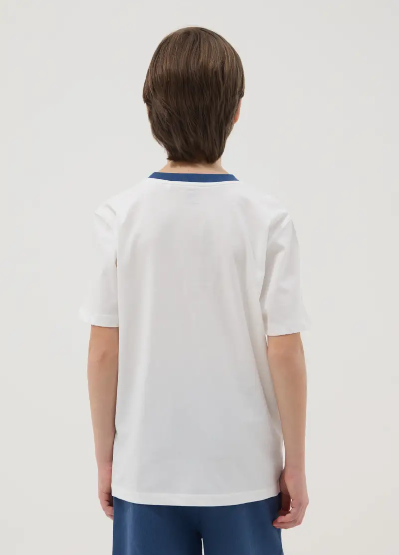T-shirt In Puro Cotone Bianco Da Ragazzo Relaxed Fit Con Collo Blu, Bambino, Bianco miniatura 3