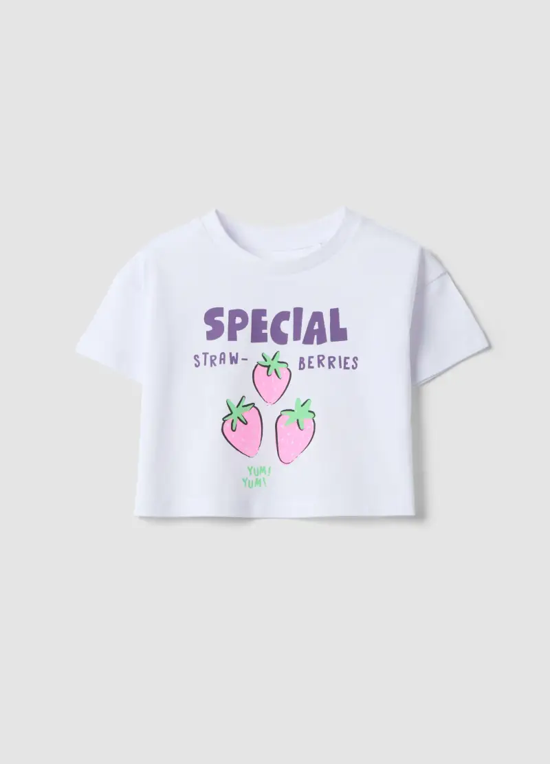 T-shirt In Puro Cotone Bianco Per Bambine Con Stampa Fragole, Bambina, Bianco
