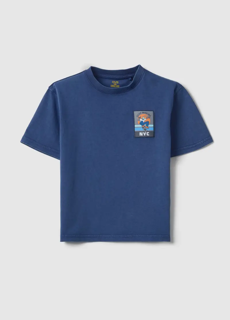 T-shirt In Puro Cotone Blu Da Bambino Regular Fit Con Patch, Blu