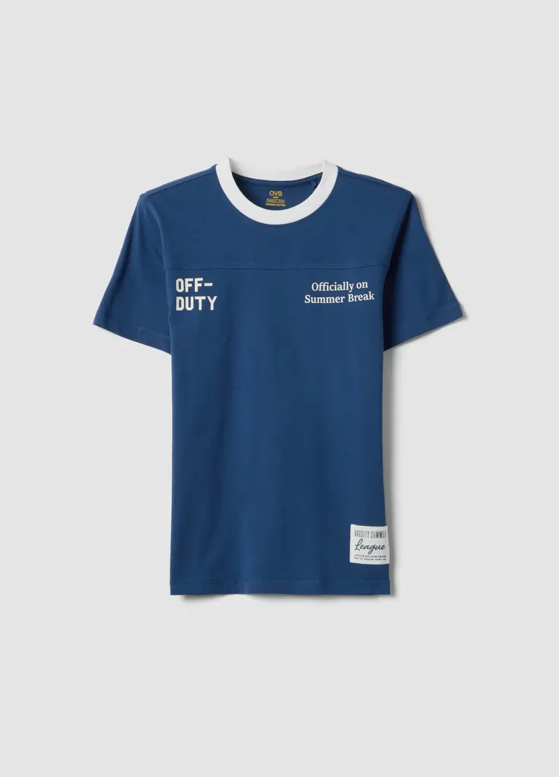 T-shirt In Puro Cotone Blu Da Ragazzo Relaxed Fit Con Collo Bianco, Bambino, Blu