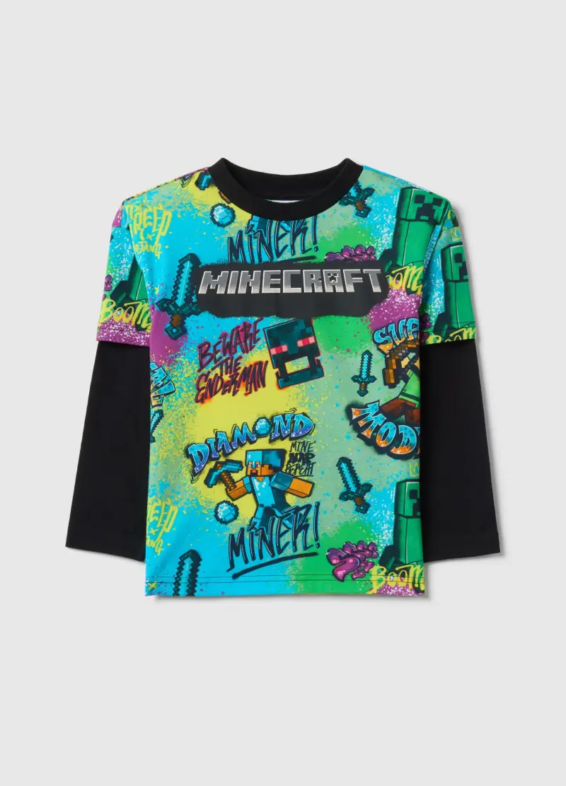 T-shirt In Puro Cotone Multicolor Per Bambino Con Stampa Minecraft, Multicolor