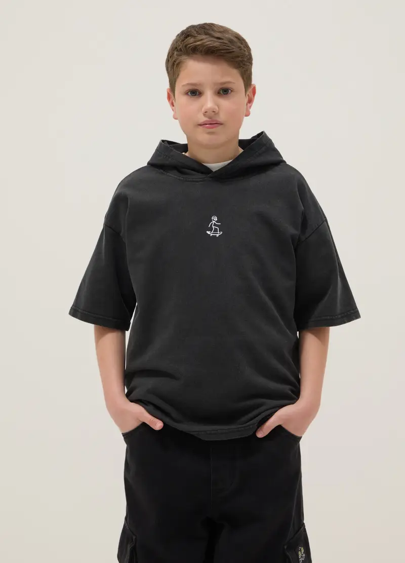 T-shirt In Puro Cotone Nero Da Ragazzo Oversize Fit Con Cappuccio, Bambino, Nero