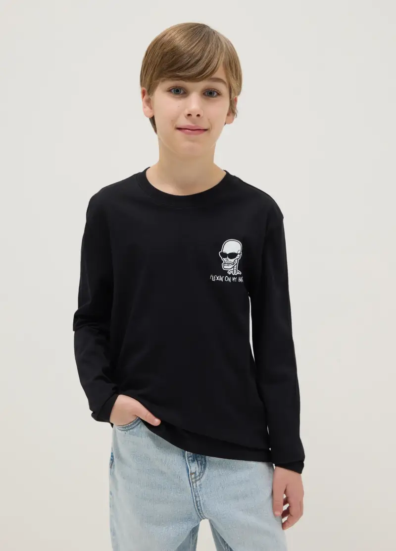 T-shirt In Puro Cotone Nero Da Ragazzo Regular Fit Con Stampa, Bambino, Nero