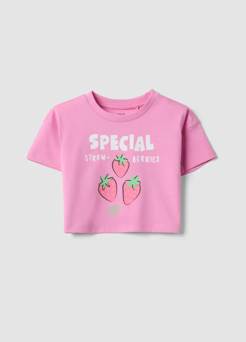 T-shirt In Puro Cotone Rosa Per Bambine Con Stampa Fragole, Bambina, Rosa