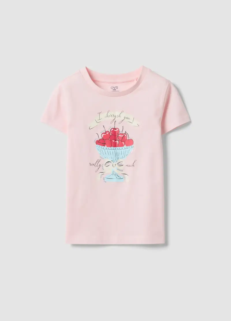 T-shirt In Puro Cotone Rosa Regular Fit Con Stampa Per Bambina, Rosa