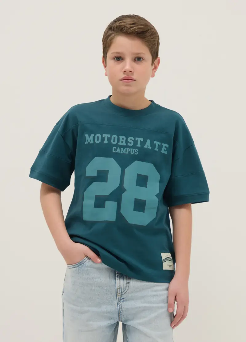 T-shirt In Puro Cotone Verde Da Ragazzo Oversize Fit Con Stampa, Bambino, Verde