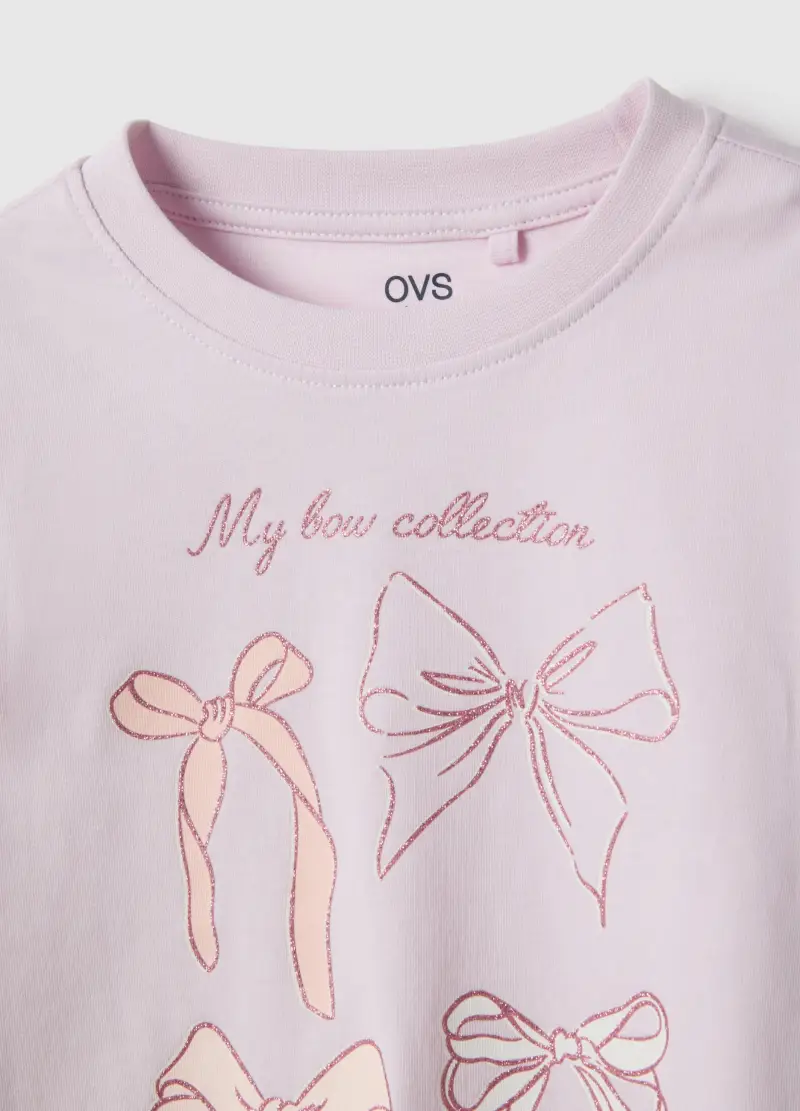 T-shirt In Puro Cotone Viola Con Fiocchi Per Bambina, Viola miniatura 3