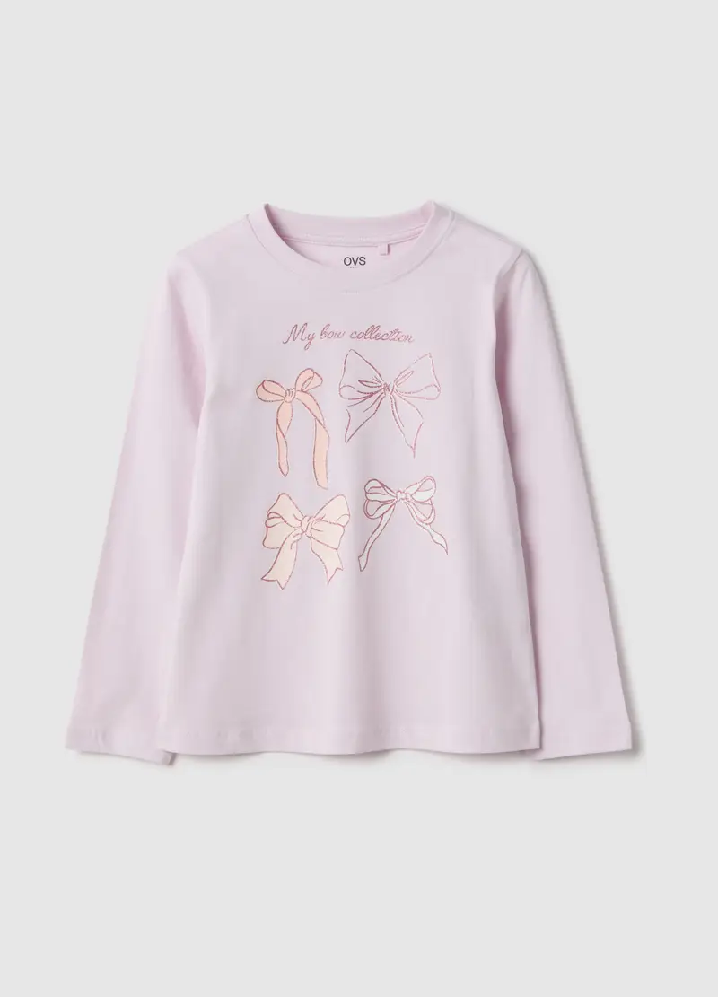 T-shirt In Puro Cotone Viola Con Fiocchi Per Bambina, Viola