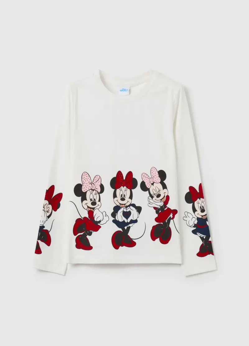 T-shirt Maniche Lunghe Con Stampa Minnie E Strass, Bambina, Bianco