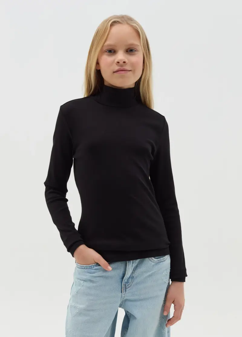 T-shirt Mock Neck Con Maniche Lunghe, Bambina, Nero