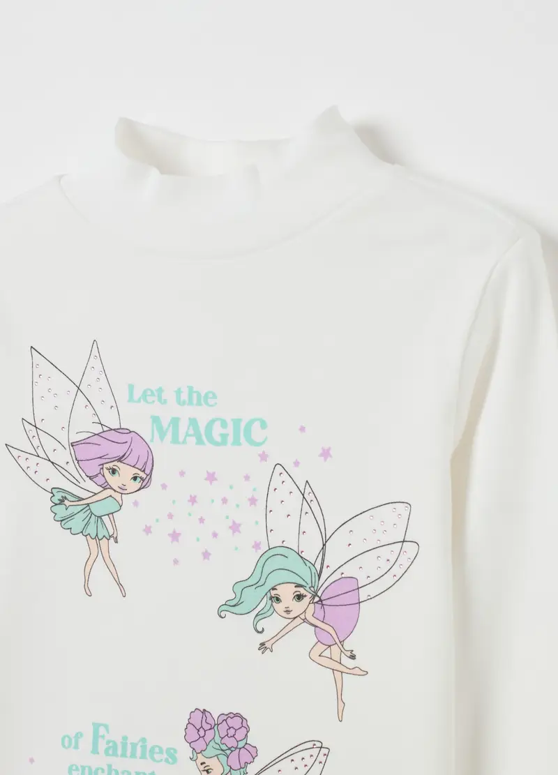 T-shirt Mock Neck Con Stampa E Strass, Bambina, Bianco miniatura 3