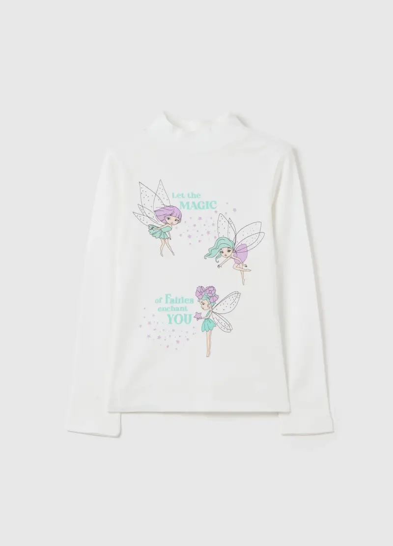 T-shirt Mock Neck Con Stampa E Strass, Bambina, Bianco