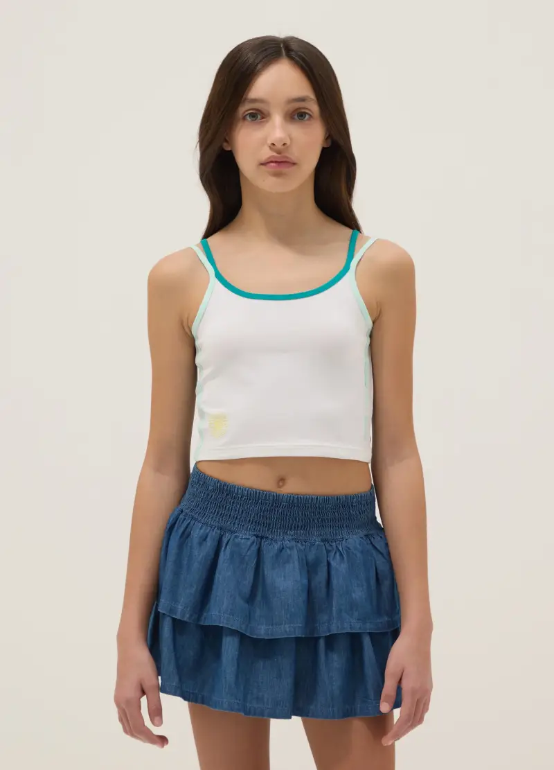 Tank Top Fitted In Cotone Elasticizzato Bianco Da Ragazza Con Fiore, Bambina, Bianco