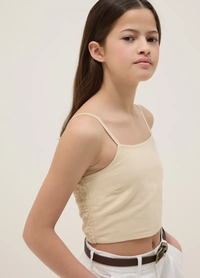 Top Corto In Misto Lino E Cotone Beige Da Ragazza Slim Fit, Bambina, Beige