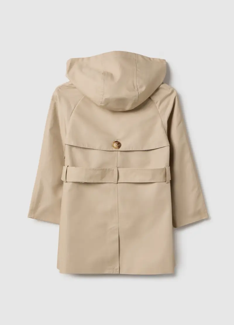 Trench Beige Da Bambina In Misto Cotone Beige Regular Fit Con Cappuccio, Beige miniatura 2