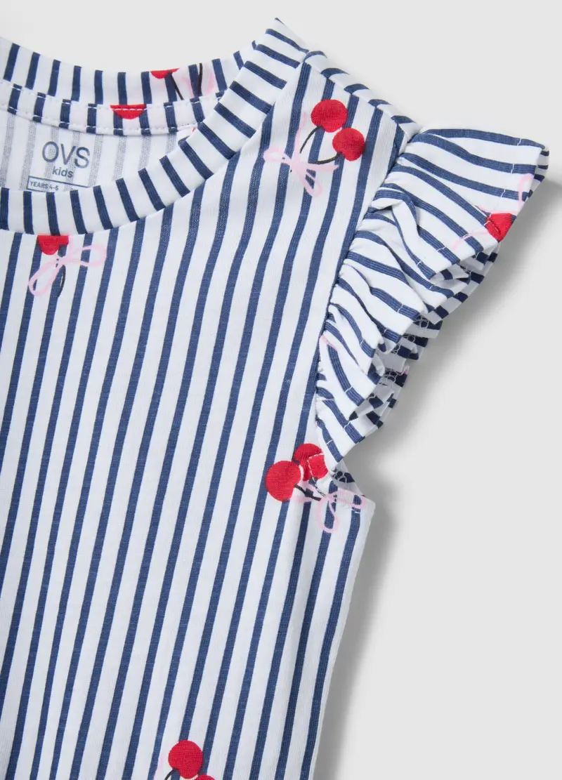 Vestito In Puro Cotone A Righe Blu Con Volant E Stampe Per Bambina, Multicolor miniatura 3